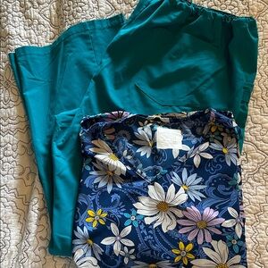 Cherokee Blue Floral Scrub Top w Dickies bottoms. 2xl